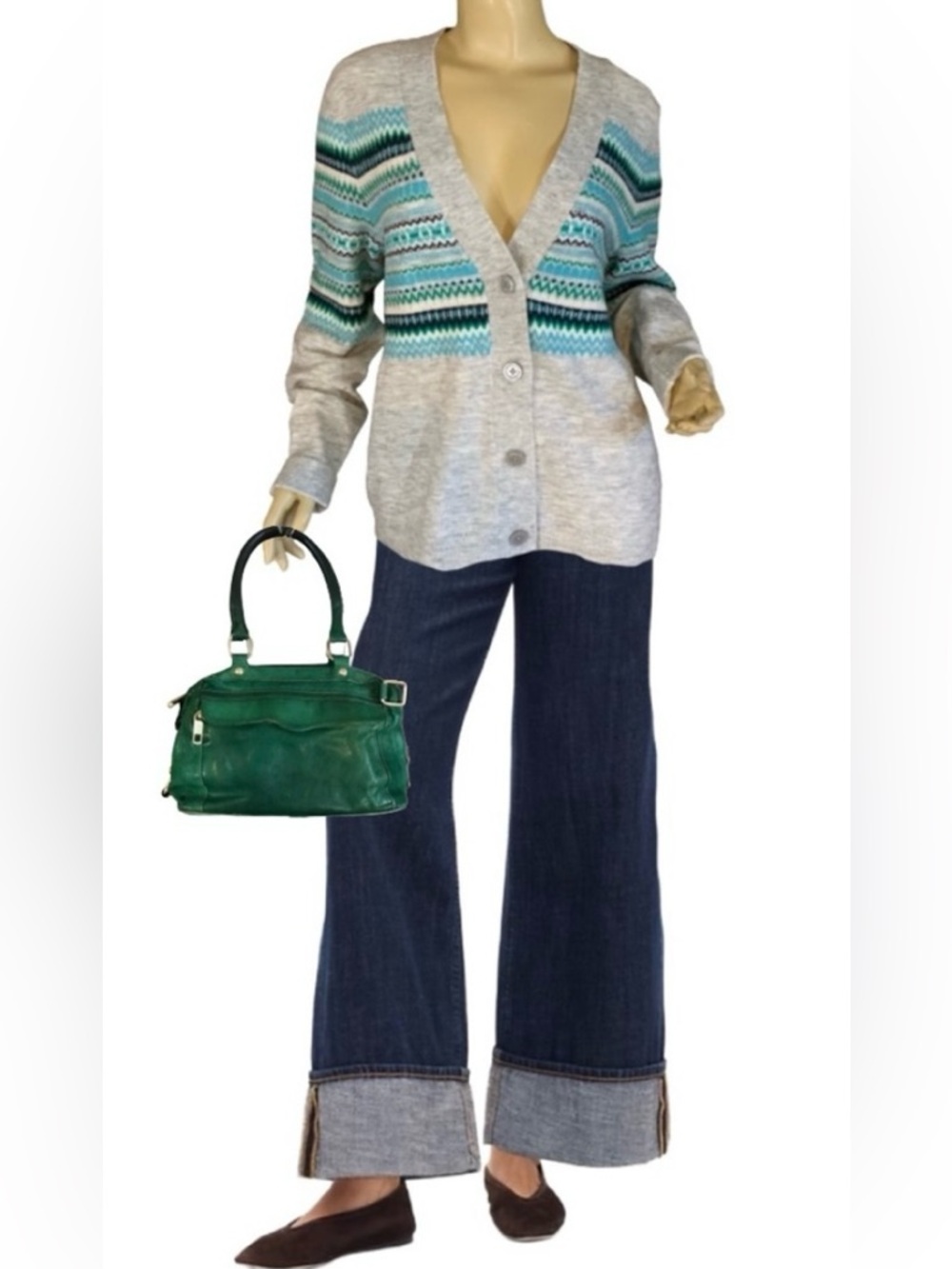 TALBOTS GRAY, BLUE & GREEN "SNOWFLAKE FAIR ISLE" KNIT CARDIGAN SWEATER (L)
